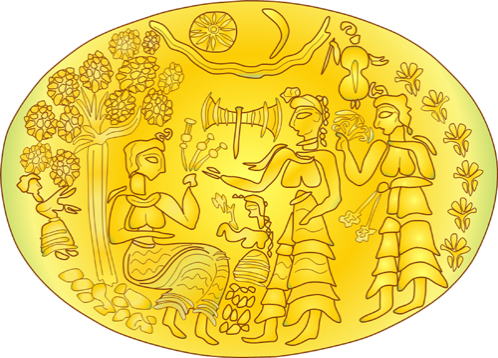 Mycenaean civilization, House of the Great Ramp, Citadel, Mycenae Palace, gold signet ring, six goddesses
