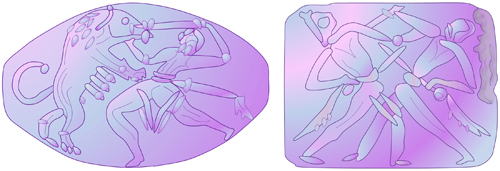 ミケーネ文明　アメジスト製印章　「ライオンと勇者の闘い」＆「兵士の闘い」