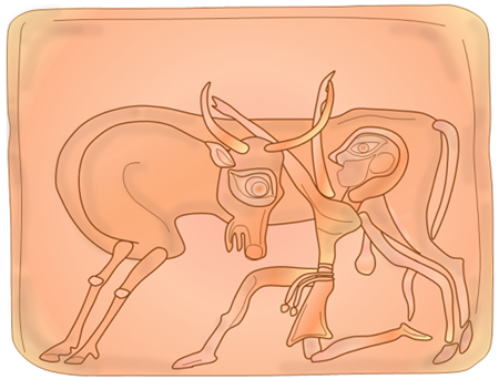 Minoan civilization, Chamber Tomb 7, Phaestos Kalivia Cemetery, carnelian seal, bull and cowherd