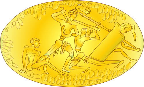 Mycenaean civilization, Mycenea Palace, Grave Circle A, Gold signet ring, soldiers fighting