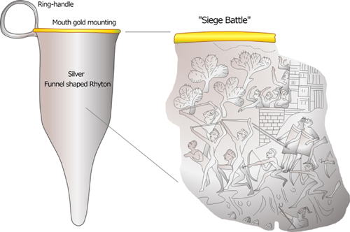 Mycenaean civilization, Shaft Grave IV, GCA, Mycenae Palace, silver rhyton, "Siege Battle"