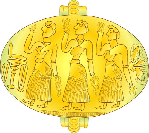 Mycenaean civilization, Lower town, Mycenae, gold signet ring, three goddesses