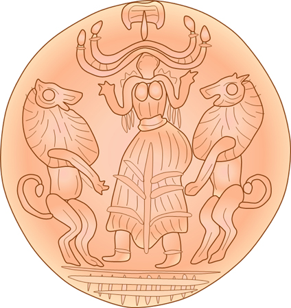 ミケーネ文明　ミケーネ地区・横穴墓　カーネリアン製印章　「冠女神と守護ライオン」