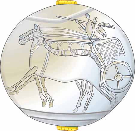 ミケーネ文明　ヴァフィオ遺跡　金装飾　メノウ印章　「二輪戦車・兵士」