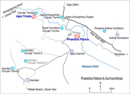Minoan civilization, Map of Sites of Phaestos Palace & Surroundings