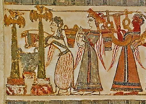Minoan civilization, Circular Tomb B, Agia Triada, Limestone sargophagus fresco "funeral scene"