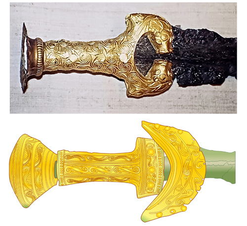 ミケーネ文明　青銅製の剣　金表装柄Hilt　打出し加工　渦巻き線紋様